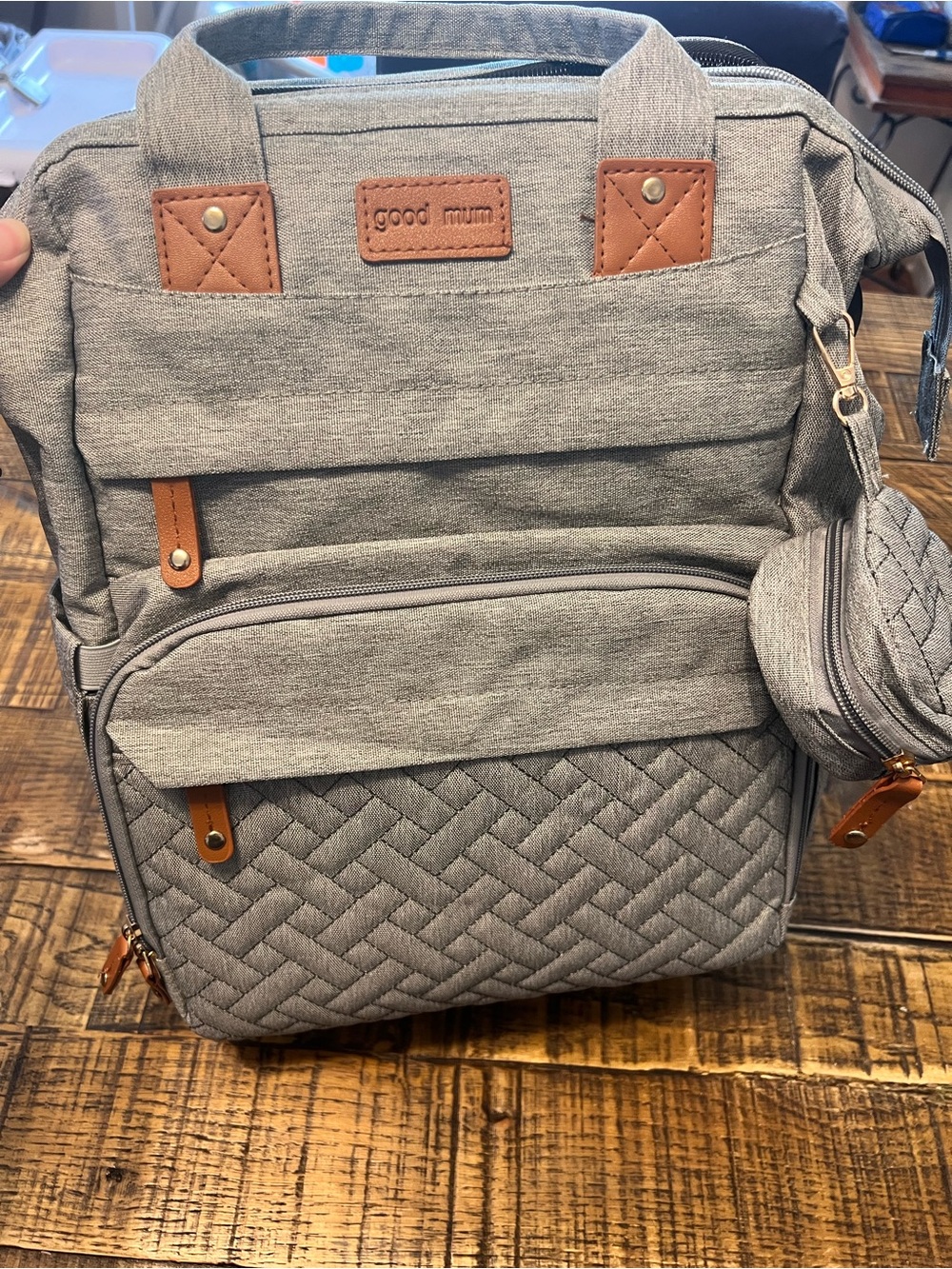 Good Mum Grey Quilted Baby Bag Backpack with Tan Accents
